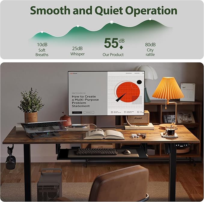 Height Adjustable Desk with Keyboard Tray, 55 x 24 Inches Electric Standing Desk, Stand up Computer Table with Memory Preset, Rustic Brown, Splice Board - LeafyLoom