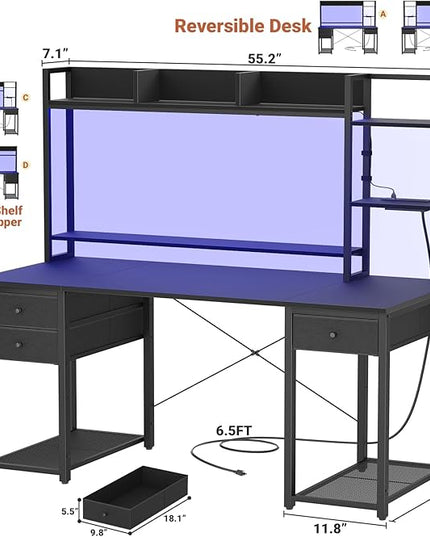 Aheaplus Desk with LED and Outlets, Gaming Desk with Hutch, 47.2'' Computer Desk with Drawers, Reversible Office Desk with Storage Bookshelf Large Workstation Desk with Shelf, Desk for Home, Black - LeafyLoom