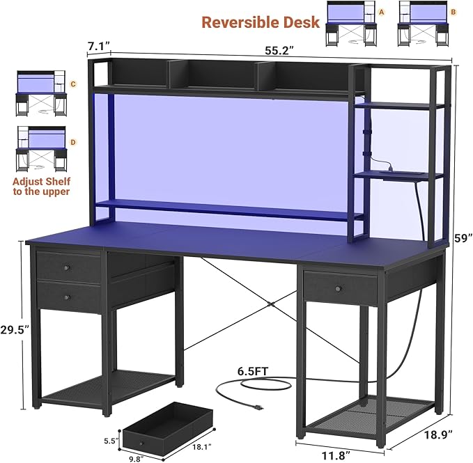 Aheaplus Desk with LED and Outlets, Gaming Desk with Hutch, 55.2'' Computer Desk with Drawers, Reversible office desk with storage bookshelf Large Workstation Desk with Shelf, Desk for Home, Black - LeafyLoom