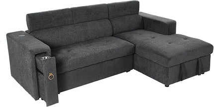 96“ L-Shape Sectional Sleeper Sofa with Pull out Bed, Adjustable Headrest &Storage Chaise, Linen Upholstered Convertible Couch w/Wireless Charging &Cup Holders, for Living Room Apartment - LeafyLoom