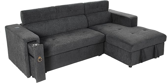 96“ L-Shape Sectional Sleeper Sofa with Pull out Bed, Adjustable Headrest &Storage Chaise, Linen Upholstered Convertible Couch w/Wireless Charging &Cup Holders, for Living Room Apartment - LeafyLoom