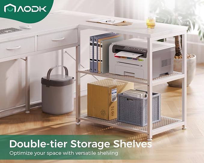 AODK 53 Inch L Shaped Computer Desk with Drawers, Corner Desk with Power Outlets & Reversible Storage Shelves, Movable CPU Stand for Home Office Gaming, White - LeafyLoom