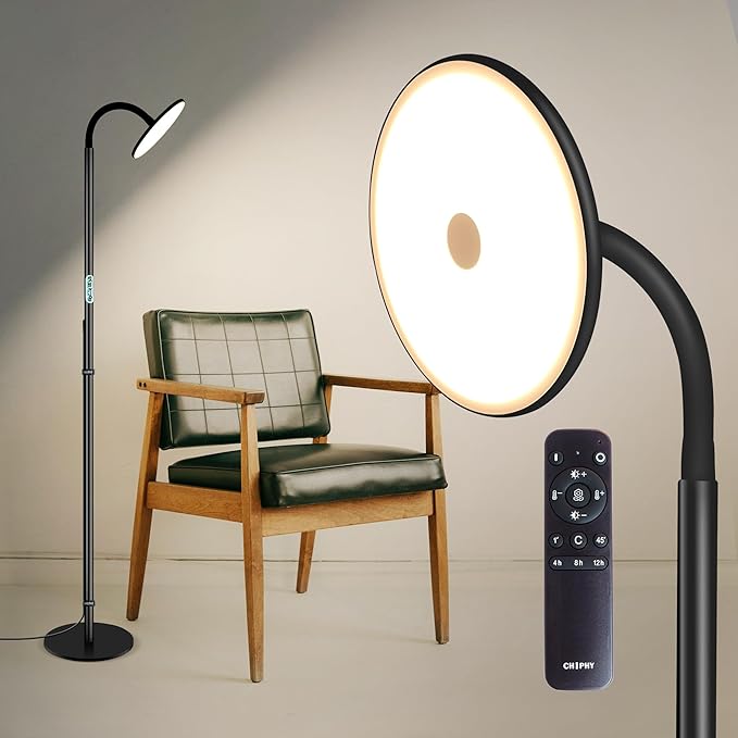chiphy Floor Lamp, 60'' Bright Floor Lamp, 23W 2000LM Modern Floor Lamp, Dimmable 2300K-6500K Flexible Gooseneck with Remote Standing Lamp for Living Room Bedroom Office Reading Crafting Work Light - LeafyLoom