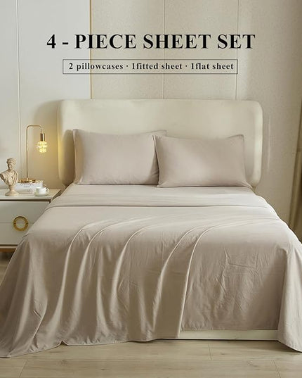 HighBuy Beige Full Size Sheet Set Extra Soft Deep Pocket Sheets Set,4 Piece Bed Fitted Sheets Fit 16 Mattress,Wrinkle,Fade,Stain Resistant Cooling Bed Sheets,Fitted Sheets,Pillowcases Set (Full,Beige) - LeafyLoom