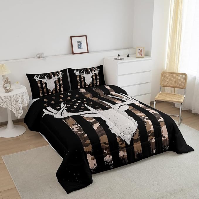 Erosebridal Brown Camo Deer Bedding Comforter Sets, American Flag Comforter Set Queen Size for Boys Teens, Western Farmhouse Antlers Bedding Retro Camouflage Geometry Striped Quilt 3 Pcs - LeafyLoom