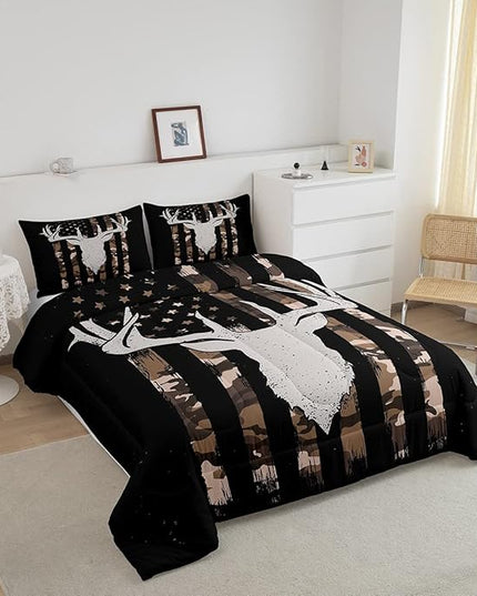 Camouflage American Flag Comforter Set, Hunting Antler Bedding Comforter Sets Brown Black Camo Striped Bedding King Size for Kids Boys Teens Adult Women, Rustic Woodland Animal Duvet Insert - LeafyLoom