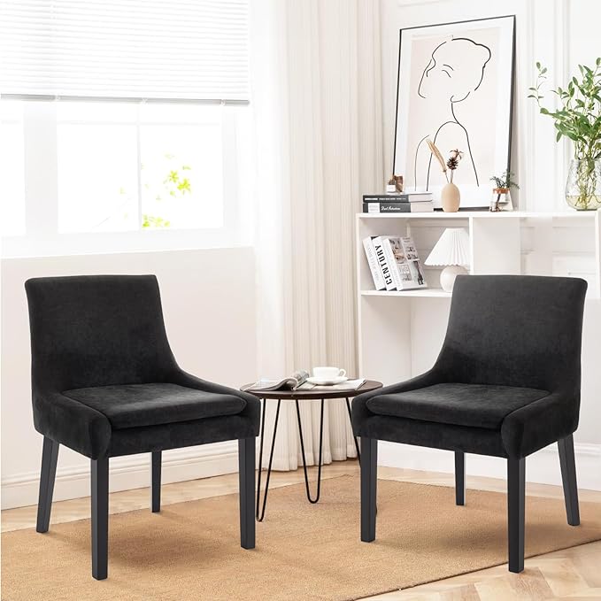 COLAMY Modern Dining Chairs Set of 4, Upholstered Corduroy Accent Side Leisure Chairs with Mid Back and Wood Legs for Living Room/Dining Room-Black - LeafyLoom