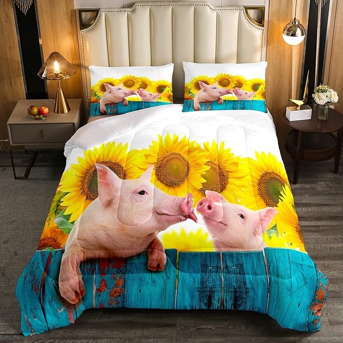 Pig Comforter Set King Sunflower Bedding Set for Kids Boys Girls Farmhouse Animals Duvet Set Funny Cute Pig Quilt Set Rustic Country Plant Floral Comforter Set Turquoise Wooden Comforter Set - LeafyLoom