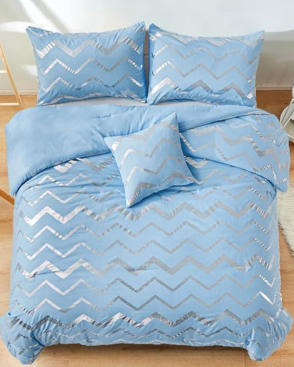 Blue/Silver Comforter Set Twin, Metallic Print Glitter Bedding Set Cute Shinny Bed Sets for Teen Girls Kids Women, 3 Piece (1 Pillowcase, 1 Decorative Pillow Sham) - LeafyLoom