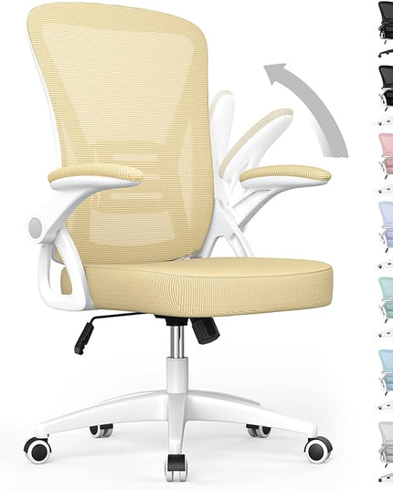 naspaluro Ergonomic Office Chair, Mid Back Desk Chair with Adjustable Height, Flip-Up Arms and Lumbar Support, Breathable Mesh Swivel Computer Chair for Home Study Working/Light Yellow - LeafyLoom