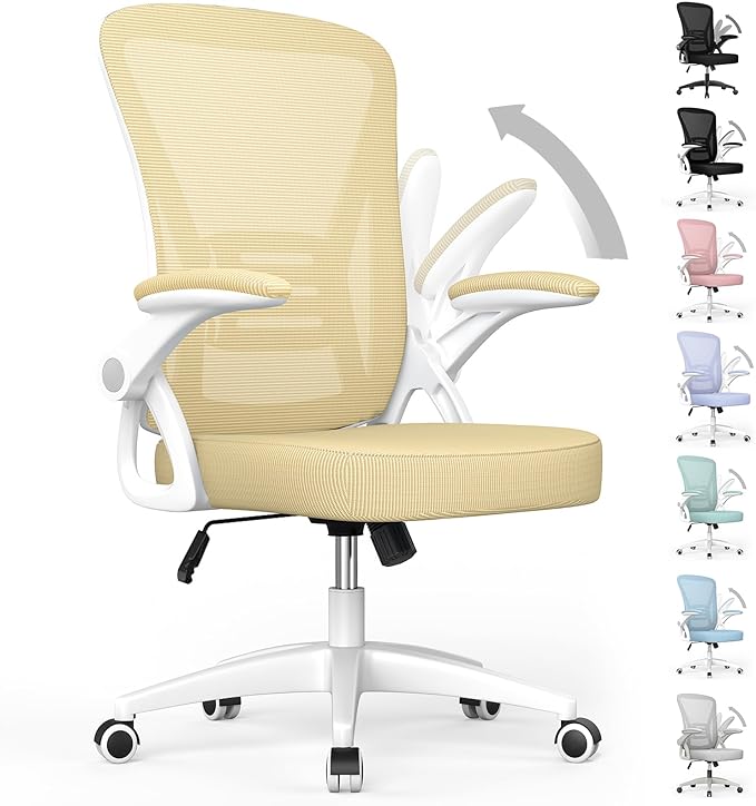 naspaluro Ergonomic Office Chair, Mid Back Desk Chair with Adjustable Height, Flip-Up Arms and Lumbar Support, Breathable Mesh Swivel Computer Chair for Home Study Working/Light Yellow - LeafyLoom
