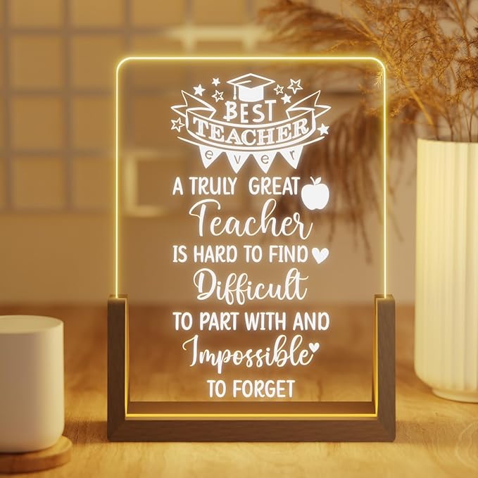 Teacher Appreciation Gifts from Student - Best Teacher Acrylic Plaque with Walnut Night Light - End of Year Thank You Gifts - Retirement Gifts for Teacher - Teacher Gift Ideas for Women - LeafyLoom