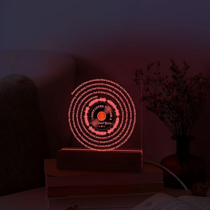 Romantic Valentines Gifts for Boyfriend, Thousand Years Vinyl Record w Wooden Base 3D Illusion Lamp USB Powered Acrylic Night Light for Girlfriend Him Her Husband Wife on Birthday Anniversary - LeafyLoom