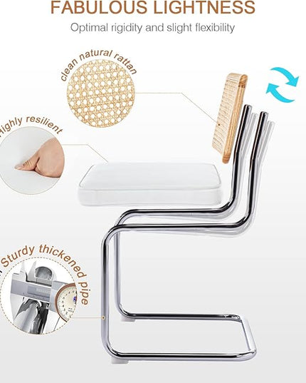 Zesthouse Mid Century Modern Dining Chairs Set of 2, Velvet Accent Chairs with Natural Cane Back & Stainless Chrome Base, Famous Breuer Designed Chairs, Upholstered Rattan Kitchen Chairs - LeafyLoom