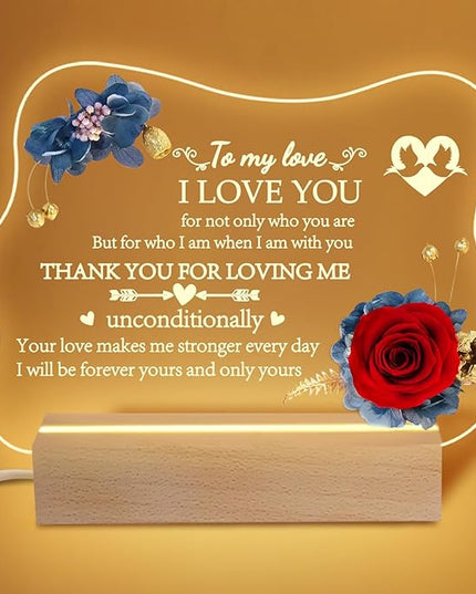 Yamonic Valentines Day Gifts for Her, Handmade Acrylic Plaque with Eternal Real Rose, Night Light with Preserved Rose Romantic Gifts for Girlfriend Wife Women (to My Love) - LeafyLoom