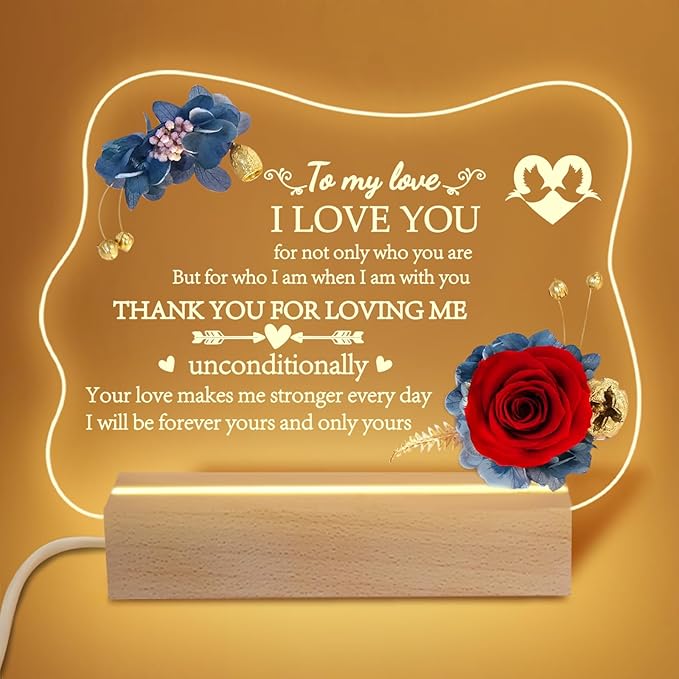Yamonic Valentines Day Gifts for Her, Handmade Acrylic Plaque with Eternal Real Rose, Night Light with Preserved Rose Romantic Gifts for Girlfriend Wife Women (to My Love) - LeafyLoom