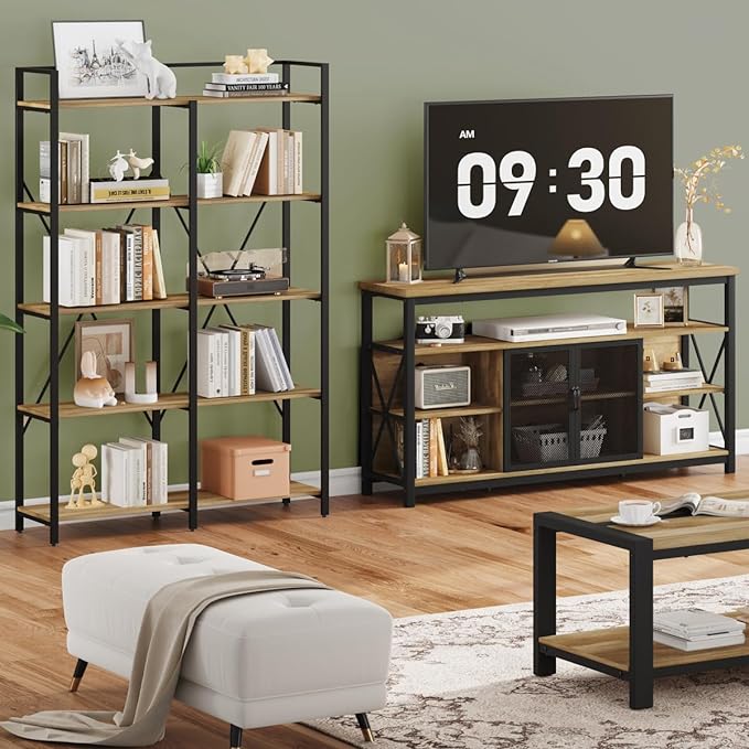 BON AUGURE Tall TV Stand for 55 65 Inch TV, Wood Entertainment Center with Storage Cabinet, Industrial Farmhouse TV Console for Living Room and Bedroom (32 Inch High, Vintage Oak) - LeafyLoom
