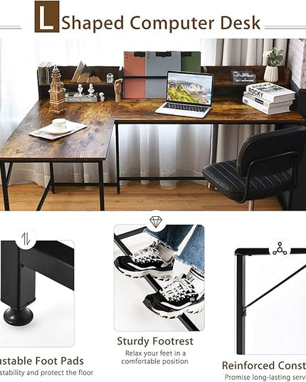LUARANE 65.5 Inches L-Shaped Desk, Industrial Computer Desk with Hutch File Rack, Space Saving Corner Desk with Metal Frame, Computer Workstation for Home Office (Coffee) - LeafyLoom