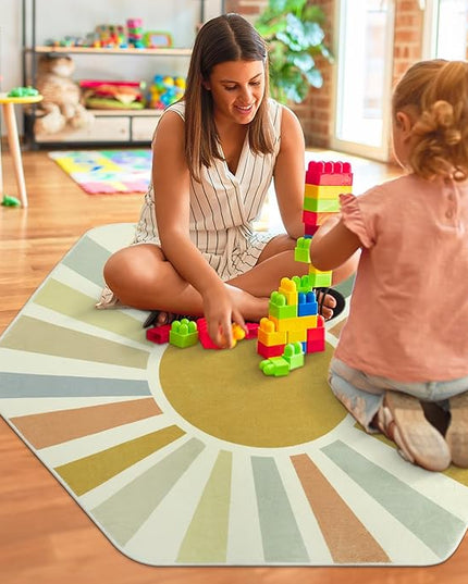 Boho Washable Rug for Kids Room Playroom, 4'x 4'7" Colorful Sun Nursery Rug for Girls Boys, Ultra Soft Non-Slip Sunshine Carpet Small Play Rug for Classroom Reading Corner Dorm - LeafyLoom