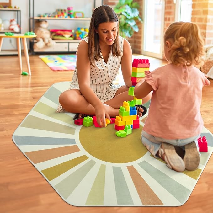 Boho Washable Rug for Kids Room Playroom, 4'x 4'7" Colorful Sun Nursery Rug for Girls Boys, Ultra Soft Non-Slip Sunshine Carpet Small Play Rug for Classroom Reading Corner Dorm - LeafyLoom