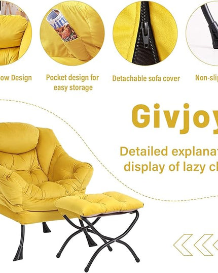 Lazy Chair and Ottoman, Large Accent Lounge Chair with Armrests and a Side Pocket, Modern Leisure Upholstered Sofa Reading Armchair with Footrest for Bedroom, Living Room, Dorm Rooms, Office - LeafyLoom