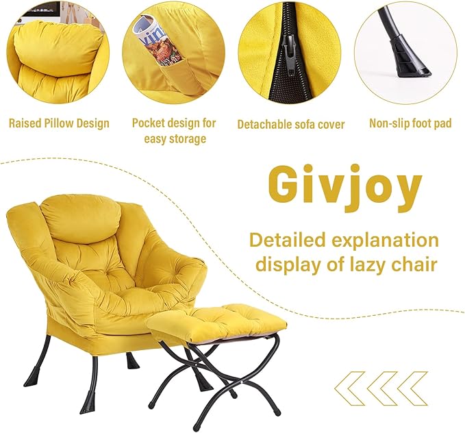 Lazy Chair and Ottoman, Large Accent Lounge Chair with Armrests and a Side Pocket, Modern Leisure Upholstered Sofa Reading Armchair with Footrest for Bedroom, Living Room, Dorm Rooms, Office - LeafyLoom