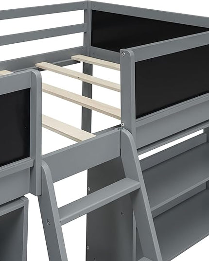Twin Size Low loft Bed with Movable Shelves for Kids,Kids Low Loft Bed Frame with Guardrail Chalkboard and Storage,Solid Wood Loft Bed Twin for Boys,Girls(Gray) - LeafyLoom