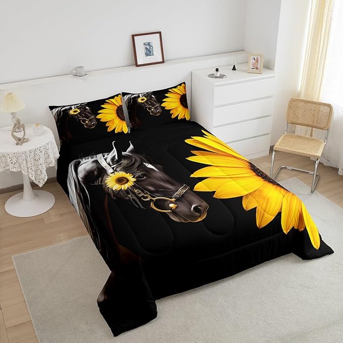 Erosebridal Horse Comforter Set Full,Sunflower Horse Bedding set for Boys Girls Teens Adults,Western cowboy Farmhouse Down Comforter farm animal Quilt Duvet Sets Bedroom Decor 2 Pillow Cases Black - LeafyLoom