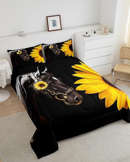Erosebridal Horse Comforter Set Queen,Sunflower Horse Bedding set for Boys Girls Teens Adults,Western cowboy Farmhouse Down Comforter farm animal Quilt Duvet Sets Bedroom Decor 2 Pillow Cases Black - LeafyLoom