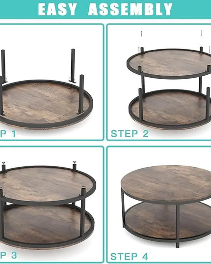 NSdirect 36 inches Round Coffee Table, Rustic Wooden Surface Top & Sturdy Metal Legs Industrial Sofa Table for Living Room Modern Design Home Furniture with Storage Open Shelf (Brown) - LeafyLoom