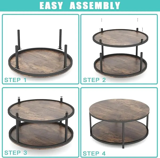 NSdirect 36 inches Round Coffee Table, Rustic Wooden Surface Top & Sturdy Metal Legs Industrial Sofa Table for Living Room Modern Design Home Furniture with Storage Open Shelf (Brown) - LeafyLoom