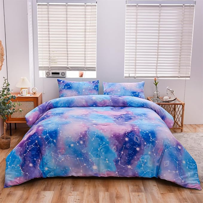 Holawakaka Tie Dye Constellation Print Ombre Comforter Set Full Size Boys Girls Gradient Galaxy Bedding Set (Blue Purple, Full) - LeafyLoom