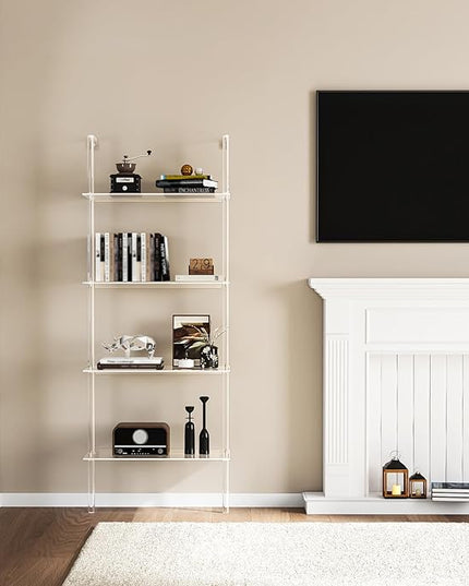 Acrylic Ladder Bookshelf, 4-Tier Clear Wall Mounted Bookshelf with Open Shelves, Multipurpose Bookcase for Living Room, Bathroom, Office, Modern, 11.6" D x 23.4" W x 59.4" H - LeafyLoom