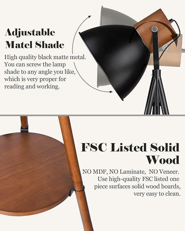 ELYONA Dimmable Tripod Floor Lamp with Table, Wood Standing Lamp with Adjustable Metal Shade, Modern End Table with Reading Light for Livingroom, Bedroom, Office, LED Bulb Included, Black & Brown - LeafyLoom