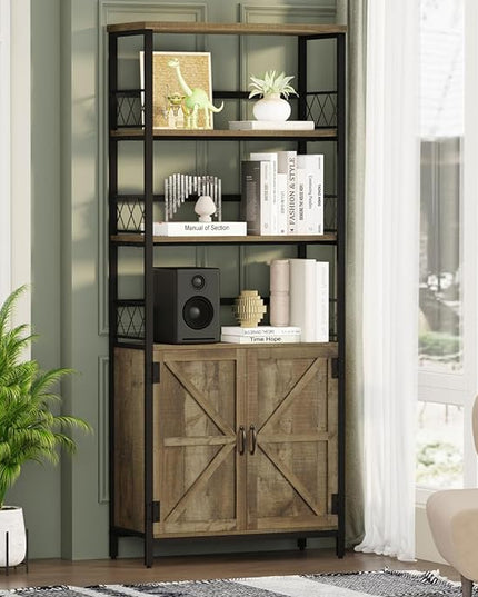 Rustic Bookcase with Storage Cabinet, Farmhouse Tall Bookshelf with Doors, Industrial Wood Metal Book Shelf for Home Office, Living Room, Bedroom (Rustic Oak) - LeafyLoom