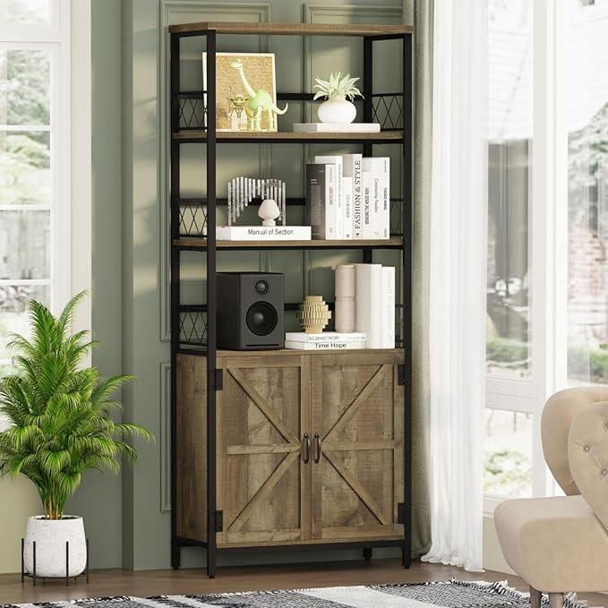 Rustic Bookcase with Storage Cabinet, Farmhouse Tall Bookshelf with Doors, Industrial Wood Metal Book Shelf for Home Office, Living Room, Bedroom (Rustic Oak) - LeafyLoom