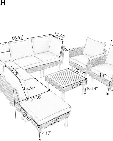 Merax Outdoor Patio Furniture Sets, Free Combination Wicker Sofa, 9-Piece, Rattan w/Wood Tabletop & Legs, Beige - LeafyLoom