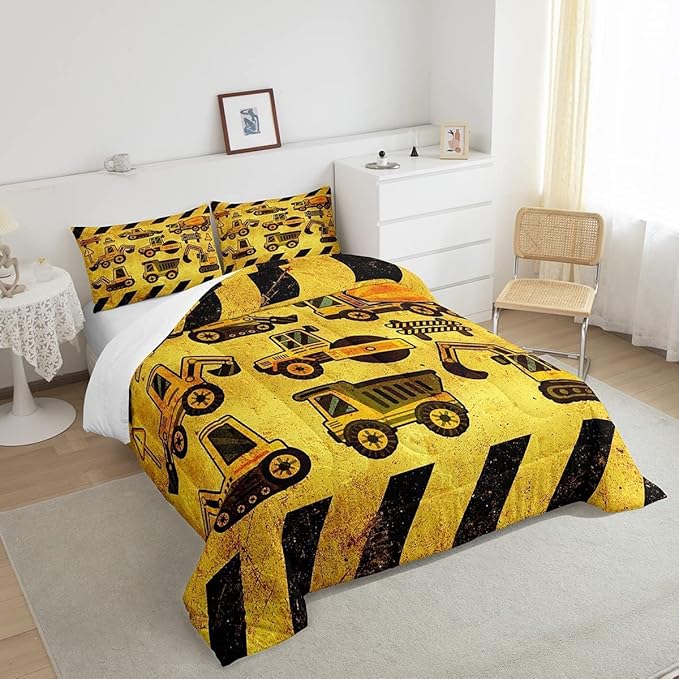 Tractor Bedding Set King Size, Equipment Truck Comforter Set, Construction Excavator Down Comforter, Yellow Vehicle Super Soft Quilt Set for Kids Boys Teens, Construction Site Car Comforter Decor - LeafyLoom