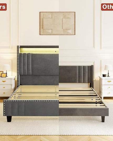 Queen Bed Frame withTall Headboard & LED Light,Velvet Upholstered Wingback Storage Headboard with Charging Station,Tufted Platform Bed Frame,No Box Spring Needed Dark Grey - LeafyLoom