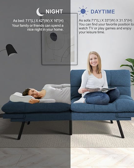 MUUEGM Futon Couch Bed, Convertible Memory Foam Sofa Bed, Modern Love Seat Daybed Sofa for Living Room,Small Space,Office,71",Adjustable Backrests Armrests Couch Bed Sleeper,Blue - LeafyLoom