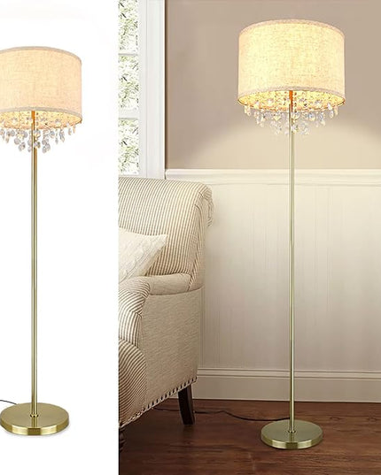 DLLT LED Floor Lamp for Living Room, Crystal Elegant Reading Standing Light for Kids Bedroom, Suit Mid Century, Modern & Farmhouse Rooms, Tall Pole with Fabric Drum Shade, Brass, E26 Warm Light - LeafyLoom