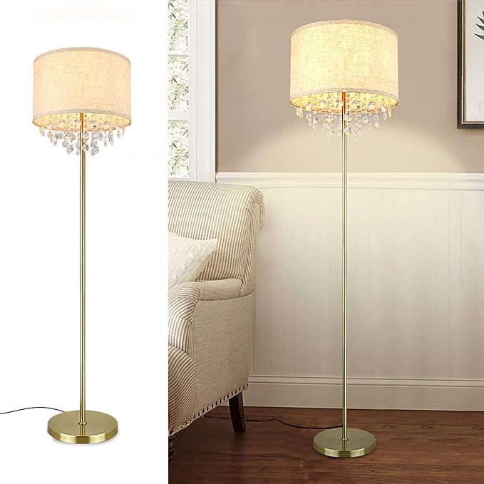 DLLT LED Floor Lamp for Living Room, Crystal Elegant Reading Standing Light for Kids Bedroom, Suit Mid Century, Modern & Farmhouse Rooms, Tall Pole with Fabric Drum Shade, Brass, E26 Warm Light - LeafyLoom