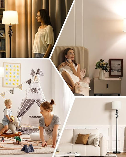 Ambimall Floor Lamps for Living Room - 3 Color Temperature Vintage Standing Lamp, Farmhouse Black Floor Lamp with Light Beige Shade, Bright Tall Light for Bedroom(9W Bulb Included) - LeafyLoom