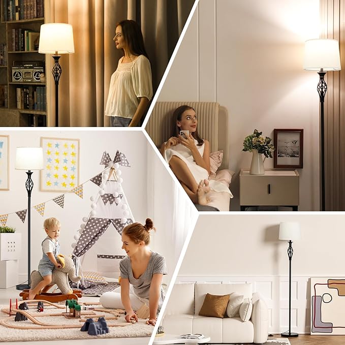 Ambimall Floor Lamps for Living Room - 3 Color Temperature Vintage Standing Lamp, Farmhouse Black Floor Lamp with Light Beige Shade, Bright Tall Light for Bedroom(9W Bulb Included) - LeafyLoom