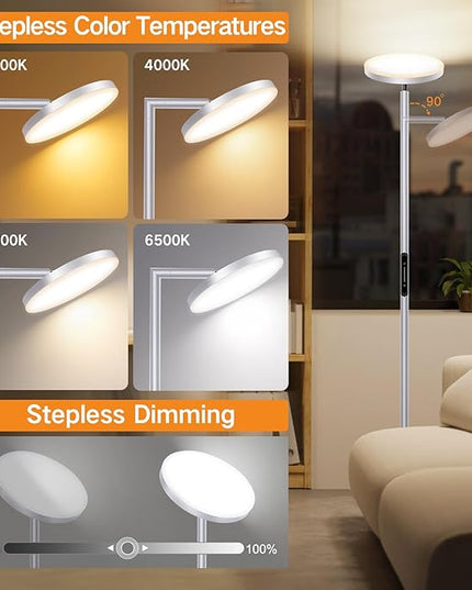 OUTON LED Torchiere Floor Lamp, 30W/3000LM Dimmable Super Bright Standing Lamp with Remote Touch Control, 4 Color Temperature, Memory Function for Living Room, Bedroom, Office (Cool Gray) - LeafyLoom