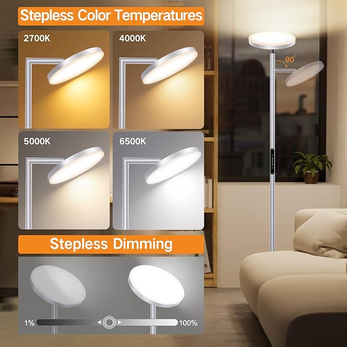 OUTON LED Torchiere Floor Lamp, 30W/3000LM Dimmable Super Bright Standing Lamp with Remote Touch Control, 4 Color Temperature, Memory Function for Living Room, Bedroom, Office (Cool Gray) - LeafyLoom