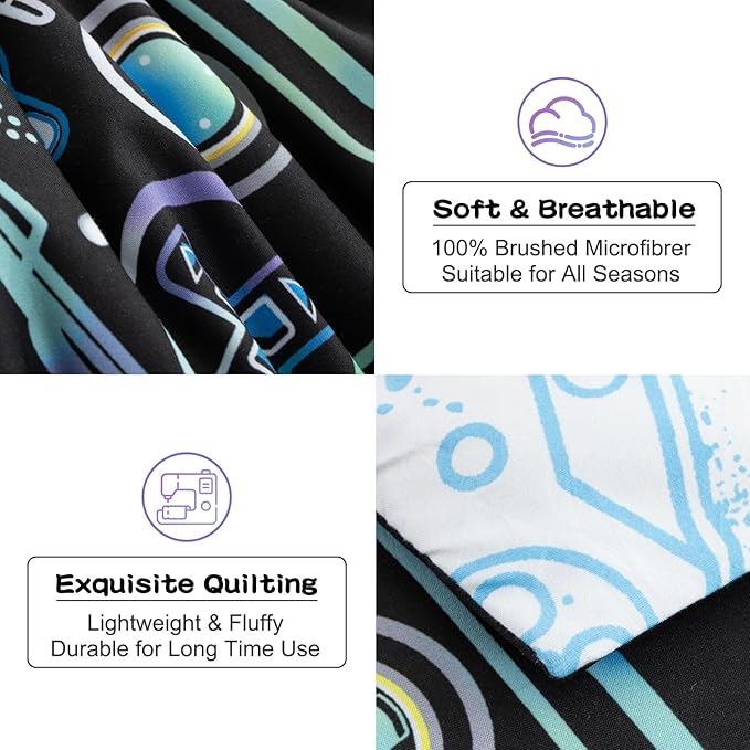 Meeting Story Gamer Gaming Bedding Sets Fluorescence Gamepad Comforter Set for Boys Games Console Action Buttons Novelty Colorful Modern Room Decor Home Quilt Set (Black, Queen) - LeafyLoom