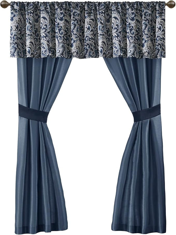 Madison Park Essentials Brystol 24 Piece Room in a Bag Faux Silk Comforter Jacquard Paisley Design Matching Curtains Down Alternative All Season Bedding-Set, King(104 in x 92 in), Navy 24 Piece - LeafyLoom