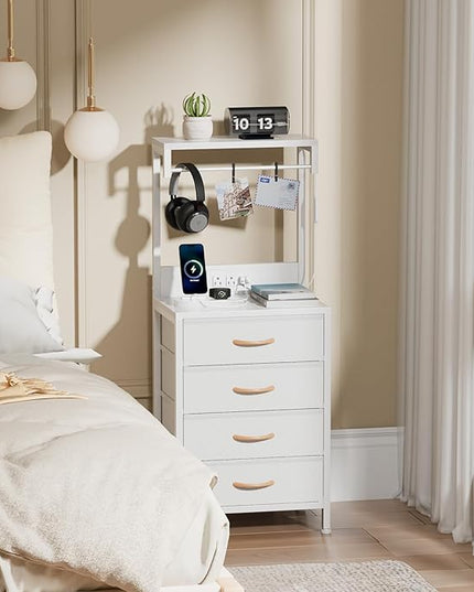 Furnulem Nightstands Set 2, Tall Night Stand with Charging Station and LED Lights, Bedside Table with USB Ports and Outlets, 4 Drawer Storage Nightstand for Bedroom, Office, Dorm, Entryway (White) - LeafyLoom