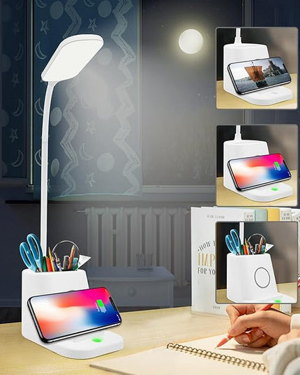LED Desk Lamp with Wireless Charger and Organizer,Home Office Touch Reading Lamp with Pen Holder/Storage,Stepless Dimming 3 Color Modes,360°Flexible Gooseneck Eye Caring Desk Light-Study/College Dorm - LeafyLoom